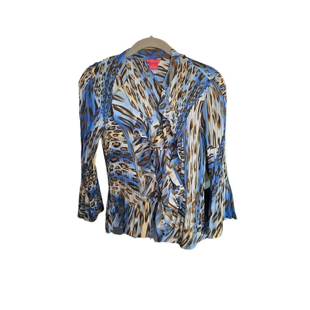 Sunny Leigh women’s blue animal, print, pleated ruffled blouse, mob, wife’s/p